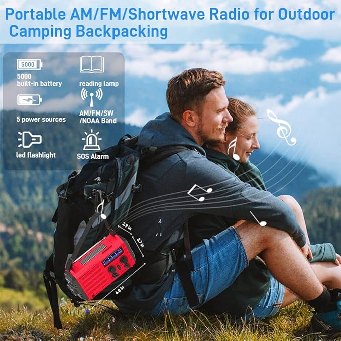Emergency Weather Radio Solar Hand Crank Battery Operated Portable AM FM Shortwave Radio with NOAA Alert, Flashlight, Reading Lamp, Cellphone Charger,Earphone Jack, SOS Alarm for Home Outdoor Survival