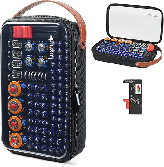 Luxtude Battery Organizer Storage Case with Tester, Clear Batteries Storage Organizers Holds 102 PCS, Hard Battery Holder Organizers, Portable Batteries Case Organizer, Drawer Caddy (Black)