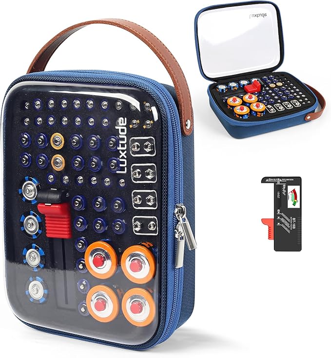 Luxtude Battery Organizer Storage Case with Tester, Clear Batteries Storage Organizers Holds, Hard Battery Holder Organizers, Portable Batteries Case Organizer, Drawer Caddy (Blue)