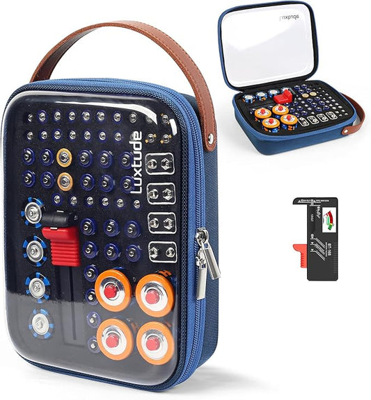 Luxtude Battery Organizer Storage Case with Tester, Clear Batteries Storage Organizers Holds, Hard Battery Holder Organizers, Portable Batteries Case Organizer, Drawer Caddy (Blue)