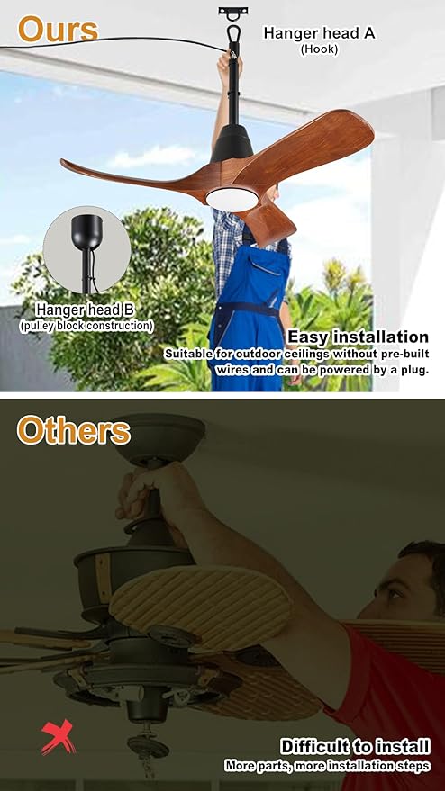 3 Blades Wood Outdoor Ceiling Fan with Light for Patios, Farmhouse Rustic Ceiling Fans with Lights, 34" Plug-in Wet Rated Outdoor Gazebo Fan for Exterior House Porch Patio, Waterproof,F246