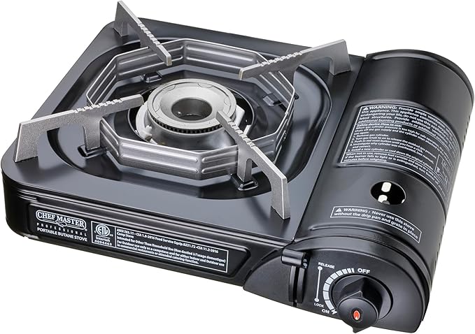 Portable Butane Camping Stove COMBO, Piezo Ignition Wind-Guard 7,650 BTU Portable Stove Burner w/ 4 x 8oz. Butane Fuel Canister for Emergencies, Hiking & Outdoor Camping Essential by Chef Master 90027