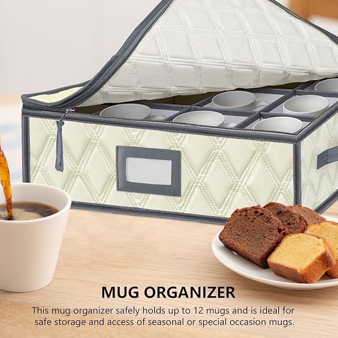 VERONLY Mug and Cup Storage Box with Dividers - 1 Pack China Storage Bin Containers Holds 12 Glassware, Stackable Coffee Mug Organizer Bin and Tea Cup with 2 Metal Zipper,Label and Handles