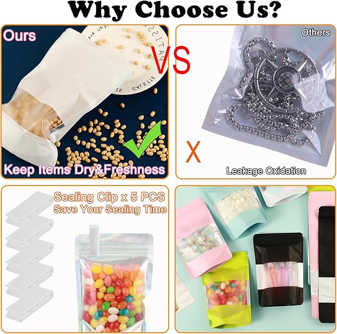 200 Pcs Mylar Bags for Food Storage 5x8 Mylar Bag with Window, Foil Stand Up Resealable Bags for Food, Smell Proof Bag Freeze Dried Candy Packaging Sealable Pouch Jewelry Bracelet Pouch