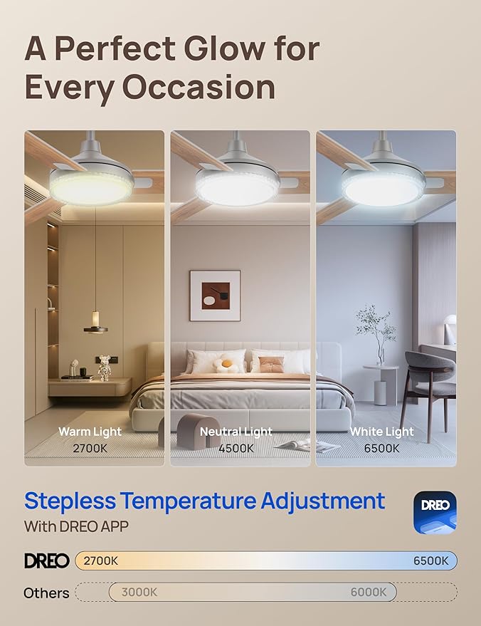 Dreo Smart Ceiling Fans with Lights, 52 Inch Grey Ceiling Fan, 12 Speeds & 3 Fan Modes, Stepless Color Tones, Dimmable LED Light, 1-12H Timer, Quiet DC Motor, Remote/APP/Alexa/Wall Switch Control