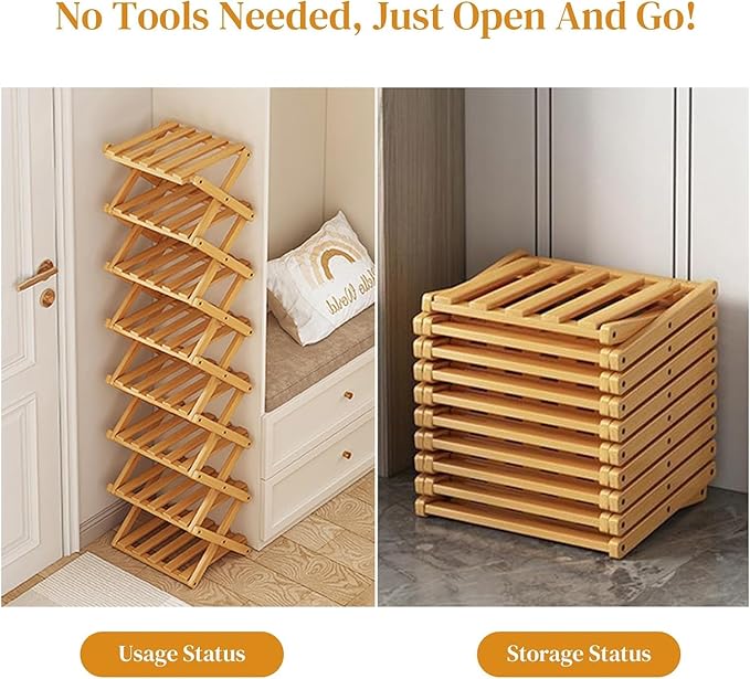 YYW Bamboo Shoe Rack for Entryway,Installation-Free and Foldable Vertical Shoe Storage Organizer,Free Standing Shoe Racks Shelf Closet Shoe Organizer for Living Room (Tawny-4 Layers)
