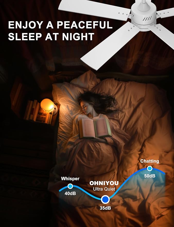 Ohniyou 48'' Ceiling Fans with Lights and Remote, 6 Speeds, 3 Colors & Dimmable LED Light, Silent DC Motor White Ceiling Fan for Living Room, Bedroom