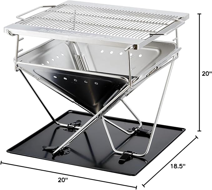 Explorer Bear 20" Stainless Steel Foldable Takibi Fire & Grill with Carrying Bag, Grill Bridge, and Coal Bed | Portable Wood Burning Fire Pit | Perfect for Camping, Outdoors, Patios