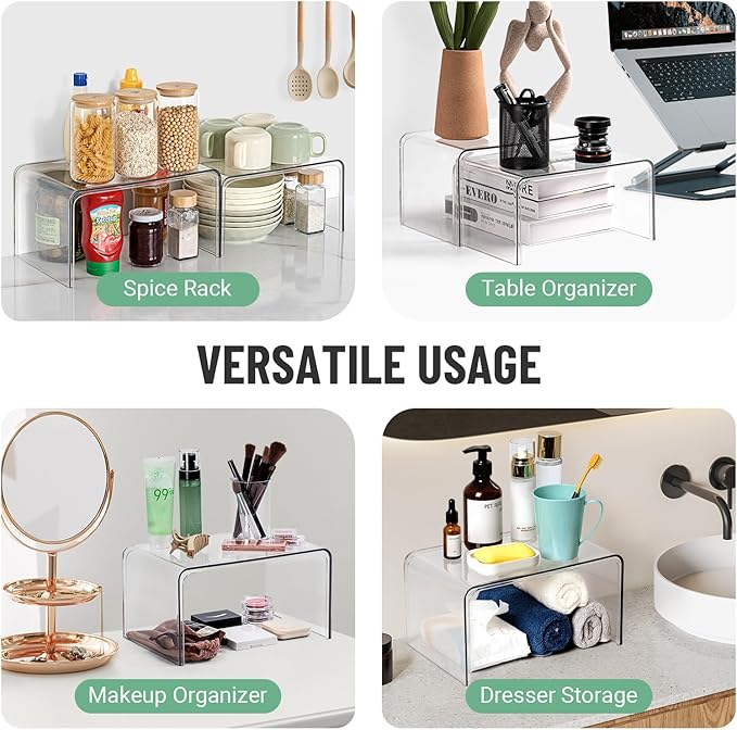 Clear Spice Rack Shelves, Pantry Organizers and Storage Set of 4, Display Shelf Organizer, Room Bathroom Desk Shelf Countertop Organization and Storage, Ideal for Kitchen Cabinet Organizer Shelf