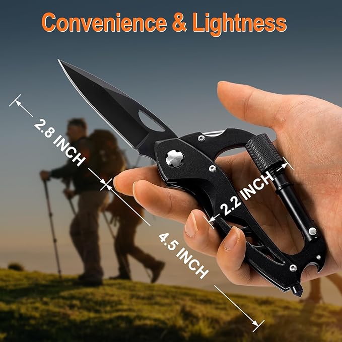 Multitool Carabiner with Pocket Knife, Birthday Gifts for Men Him Boyfriend, EDC Carabiners with Folding Knives, Bottle Opener, Window Breaker and Screwdriver, Survival Gear for Camping Hiking