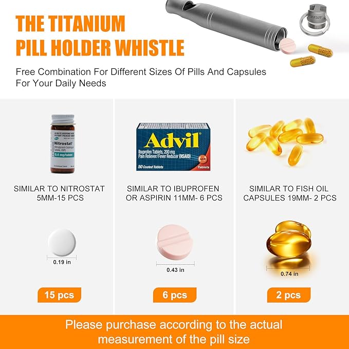 Titanium Emergency Whistle with Hidden Pill Holder Case, Portable Waterproof Fob Medicines Organizer 120db+ Survival Whistles Keychain Container for Outdoors, Camping, Travel EDC Accessories