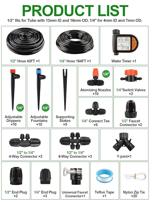 207FT Automatic Drip Irrigation Kit with Water Timer, Kalolary 1/4" 1/2" Adjustable Garden Watering System with 4/7mm 16mm Tubing Micro Drip Automatic Irrigation System for Greenhouse Raised Beds Lawn