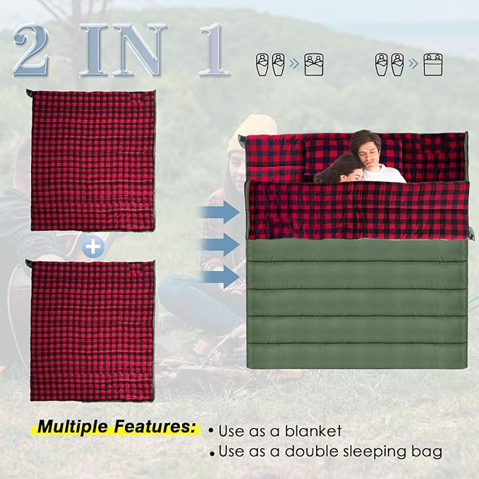 0 Degree Sleeping Bag Cotton Flannel Winter Cold Weather for Adults XXL Sleeping Bag 4 Season Big and Tall with Pillow Compression Sack