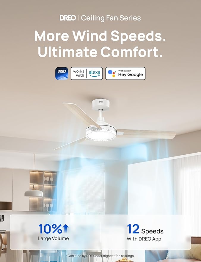 Dreo Smart Ceiling Fans with Lights, 52 Inch White Ceiling Fan, 12 Speeds & 3 Fan Modes, Stepless Color Tones, Dimmable LED Light, 1-12H Timer, Quiet DC Motor, Remote/APP/Alexa/Wall Switch Control