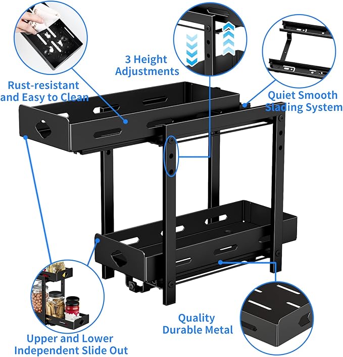 Pull Out Spice Rack Organizer, 2-Tier Vertical Spice Rack, Height Adjustable for Kitchen Cabinet (5.3''Wx10.8''Dx9.2''H, Metal Black)