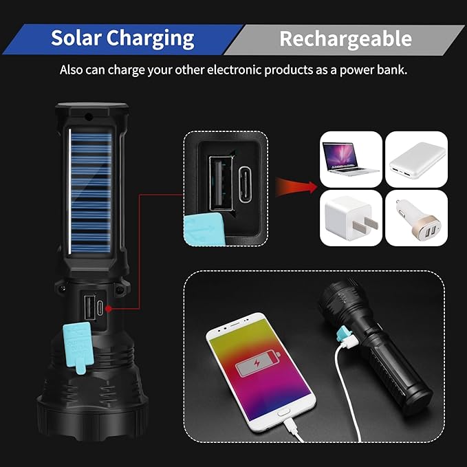 Led Solar Flashlight, 1500 Lumens Led Solar Handheld Rechargeable Flashlights with IP65 Waterproof, 2000mAh Battery for Survival Emergencies Camping (2 Packs)