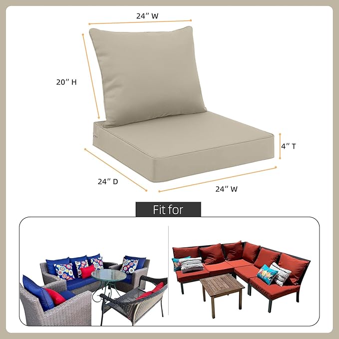 Favoyard Outdoor Seat Cushion Set 24 x 24 Inch Water-Resistant & Fade-Resistant Patio Furniture Cushions with Removable Cover Deep Seat & Back Cushion with Handle and Adjustable Straps for Chair Sofa