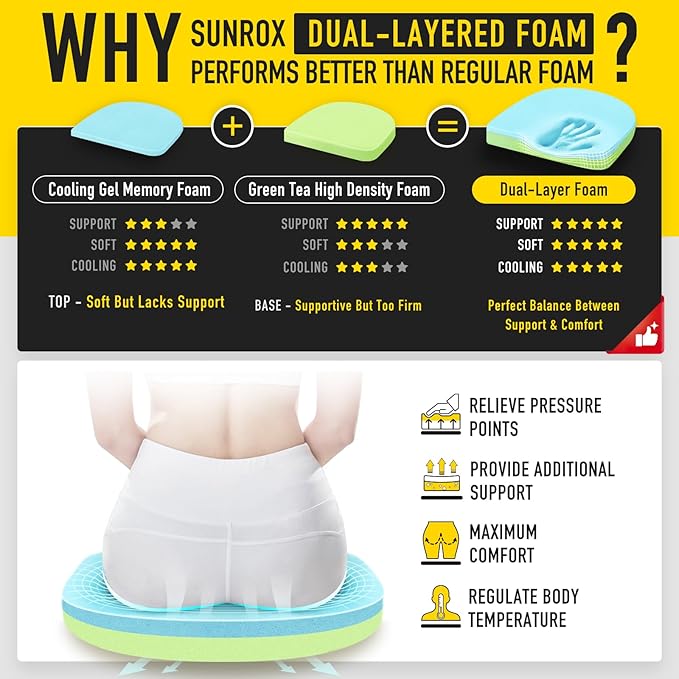 SUNROX Gel Memory Foam Chair Cushions, FadeShield Water-, Stain-Resistant Durable Reversible Seat Cushion Pads with Ties for Indoor/Outdoor Kitchen Dining Office 17"x16" Set of 2, Heather Grey