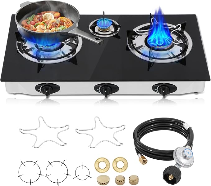 Propane Gas Cooktop,3 Burners Gas Stove portable gas stove, 0.28"Tempered Glass, Auto Ignition Camping 3 Burner LPG for RV,Apartments,Outdoor