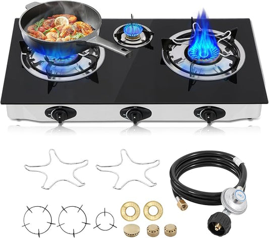 Propane Gas Cooktop,3 Burners Gas Stove portable gas stove, 0.28"Tempered Glass, Auto Ignition Camping 3 Burner LPG for RV,Apartments,Outdoor