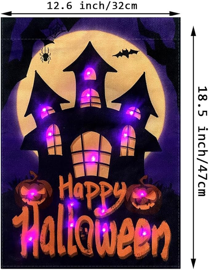 Happy Halloween Garden Flag LED Lighted Vertical Double Sided Garden Flag Halloween Castle Holiday Farmhouse Outdoor Yard Lawn Decoration 12.5 x 18 Inch