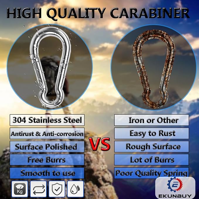 Spring Snap Hooks, 304 Stainless Steel Metal Clip Heavy Duty Rope Connector Small Snap Clamp Key Chain Link Buckle for Hammock Swing Set Outdoor Travel Camping Fishing Hiking