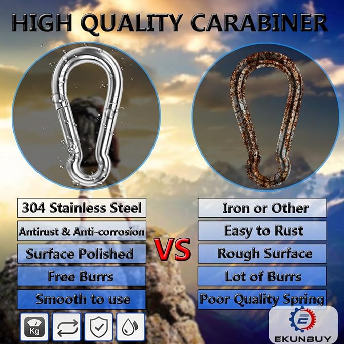 Spring Snap Hooks, 304 Stainless Steel Metal Clip Heavy Duty Rope Connector Small Snap Clamp Key Chain Link Buckle for Hammock Swing Set Outdoor Travel Camping Fishing Hiking