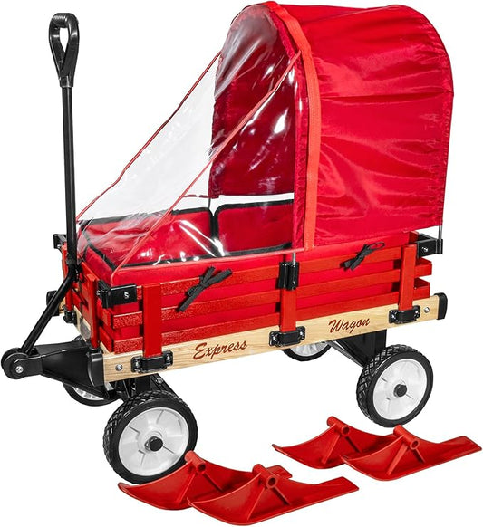 Industries All Season Convertible Wood Wagon Cart with Flat-Free Tires, Sleigh Runners, Side Pads and Half Canopy with Plastic Cover Shield, Red, 16" x 34"