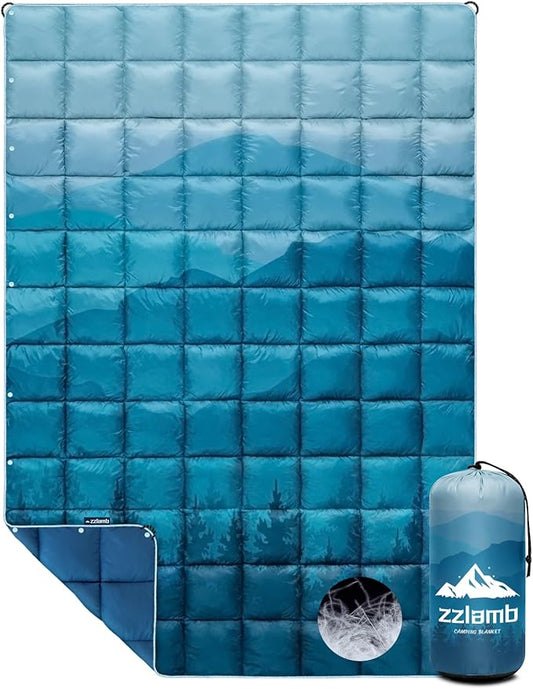 zzlamb Puffy Down Camping Blanket Water-Repellent, Down Throw Travel Blanket Portable for Outdoor, Light Warm Quilt for Couch Plane Car Theater Stadium Picnic RV Backpacking Hammock