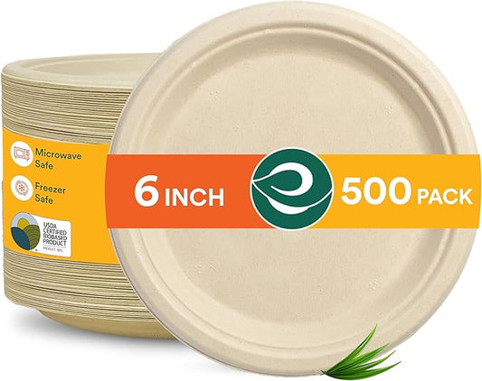 ECO SOUL 100% Compostable 6 Inch Small Paper Plates 500 [4x125 Pc] Disposable Bulk Party Heavy Duty, Eco-Friendly, Appetizer, Dessert, Wedding Plates I Biodegradable Unbleached Sugarcane Eco Plates