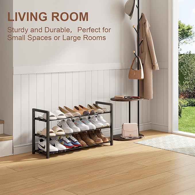 3-Tier Expandable Shoe Rack,Adjustable Shoe Shelf Storage Organizer Heavy Duty Metal Free Standing Shoe Rack for Entryway Closet Doorway (Black)