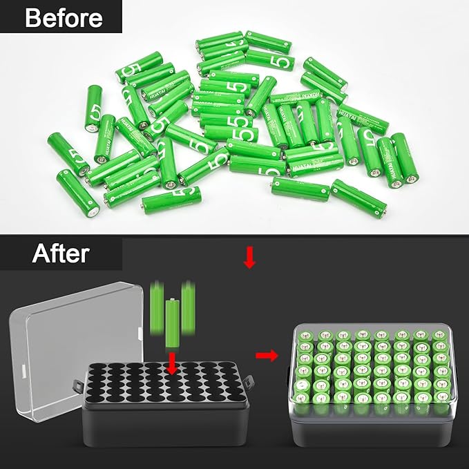 ALCYON Battery Organizer Storage Case, Small Battery Vault Box Container for 48pcs AA Batteries, Plastic Clear Protective Battery Holder for Travelling/Home/Office (Black, Large)