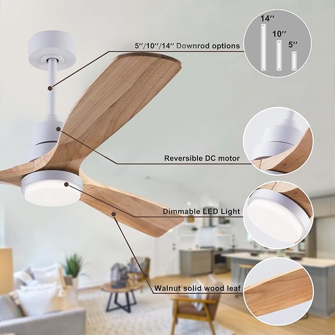 48" Wooden Ceiling Fan with Lighted Remote Control, Indoor/Outdoor Modern Fan with 3 Blades for Patio, Living Room, Farmhouse, etc (White + Wood Color)