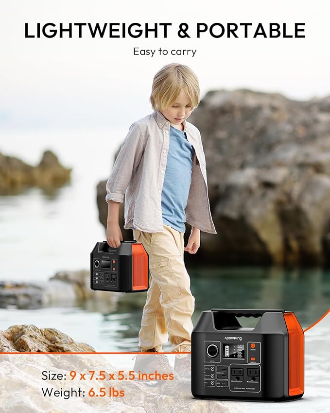 Apowking Portable Power Station 300W Rated(600W Peak), 256Wh LiFePO4 Battery, Solar Powered Power Bank with 2 AC Outlet 110V Pure Sine Wave, Solar Generator for Home Outdoor Camping Emergency