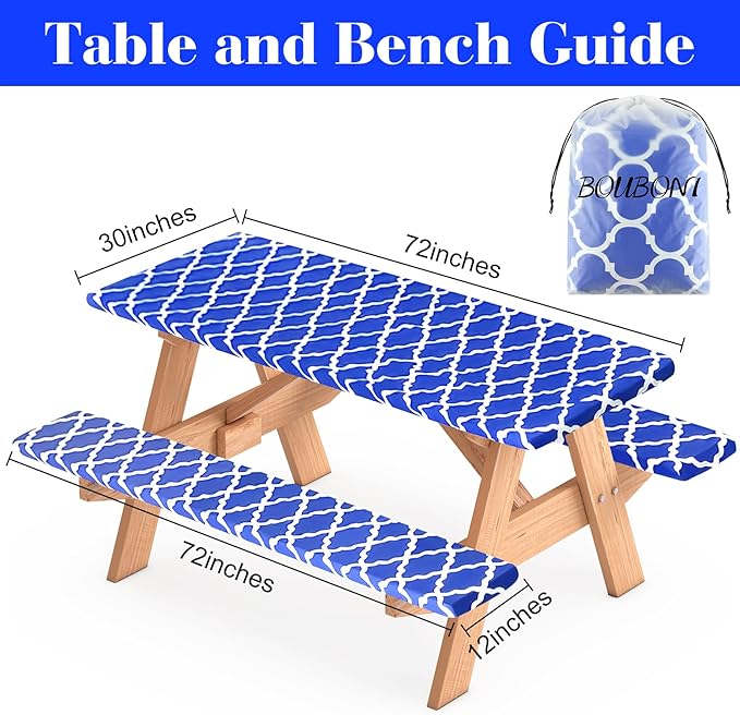 3 Pcs Set Fitted Picnic Table Cover with Bench Covers Vinyl Camping Table Cloth Flannel Backing Picnic Table Cloth for 6ft Tables Camping Outdoor (Blue Morocco, 30 x 72 Inches)