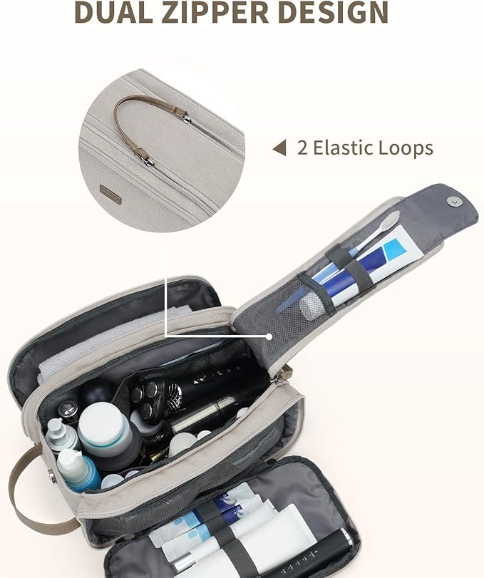 WANDF Toiletry Bag for Men Travel Toiletry Organizer Canvas and Leather Dopp Kit Water-Resistant Shaving Bag for Travel Accessories (Cream Beige, Large)