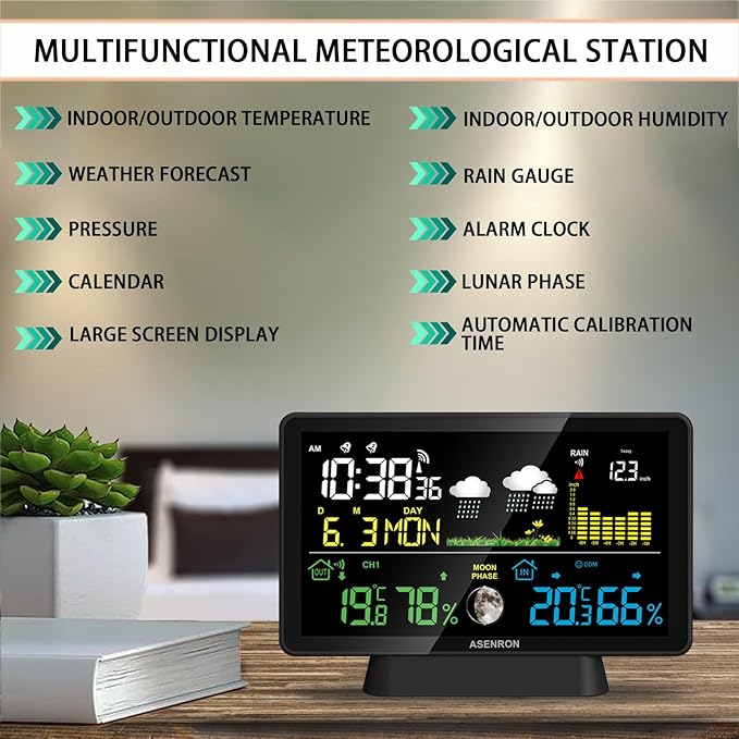 Weather Station with Rain Gauge, Home Weather Stations Wireless Indoor Outdoor with Rain Gauge, Thermometer, Barometric Pressure, Humidity Monitor, Atomic Clock, Digital Weather Forecast and Alerts