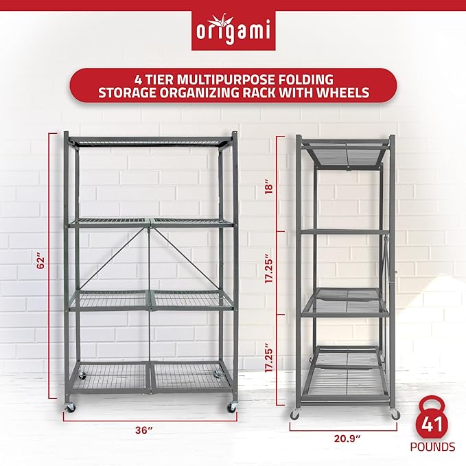Origami 2-Pack R5 Series Foldable 4-Tier Steel Storage Rack, Pewter – Heavy-Duty Metal Shelving Unit w/ Removable Wheels for Laundry Room or Garage – Rolling Organizer for Home, Office & Warehouse