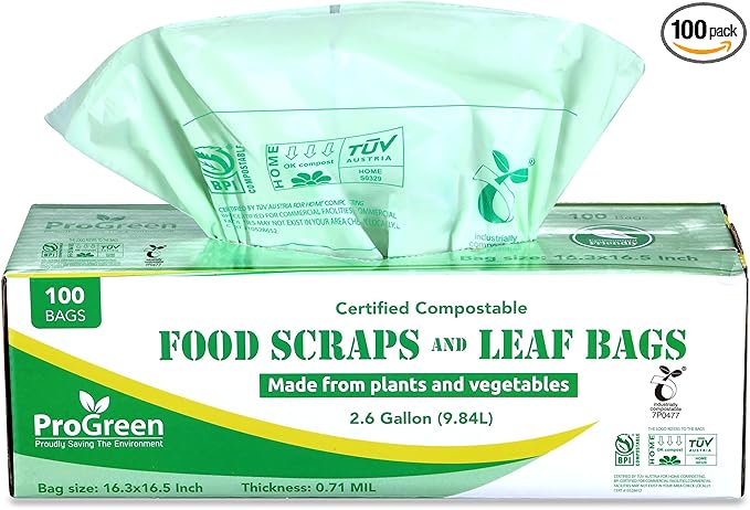 ProGreen Compostable Trash Bags 2.6 Gallon, 100 Count, Extra Thick 0.71 Mil, Small Compost Kitchen Bin Bags, Food Scraps Yard Waste Bags, Compost ASTM D6400 BPI and TÜV AUSTRIA Certified.