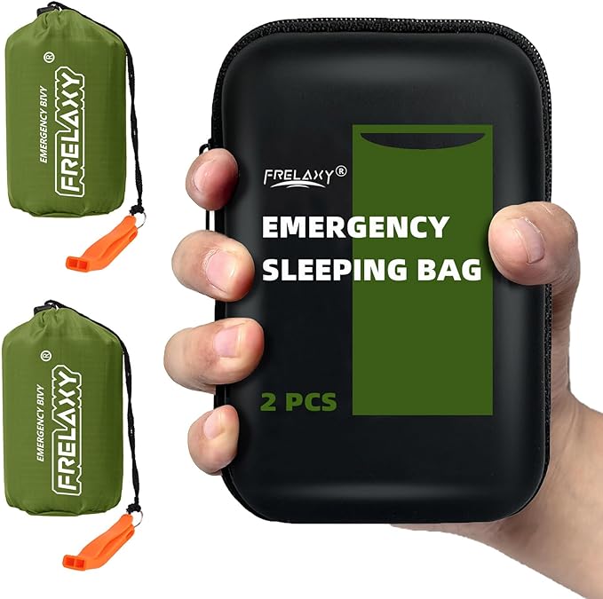 Frelaxy Emergency Sleeping Bag 1-Pack/2-Pack, Extra-Thick Compact Survival Bivy with Whistle, Storage Pouch, and EVA case, Perfect for Survival Kits (Army Green - 2 Pack)
