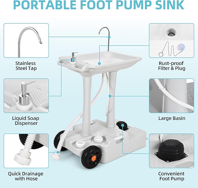 YITAMOTOR 30L Portable Camping Sink, Portable Hand Washing Station with Large Wheels, Foot Pump, Towel Holder & 5L Soap Dispenser for Outdoors, Garden, Gathering, Camping, Worksite, Camping, Outdoor
