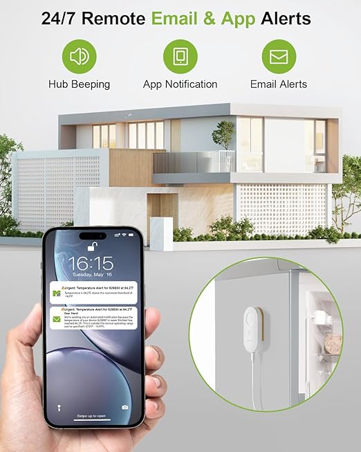WiFi Refrigerator Thermometer Digital Freezer Alarm, Remote Email & App Alert, 2-Year Data Export, No Subscription, 2 Smart Temperature Sensors for Fridge, Freezer, Hot Tub