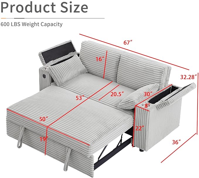 68.11" Corduroy Sleeper Chair Bed with USB Port, Cup Holders & Side Storage Pockets – 3-in-1 Foldable Sofa Bed for Guest Room, Living Room –Gray