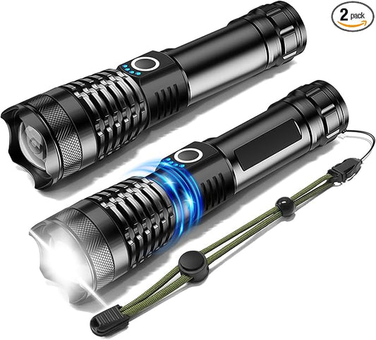 ISUNMEA Rechargeable Strong Flashlight, 2Packs Zoomable LED Powerful Flashlights 1500LM High Lumens w/ 5 Modes Waterproof Handheld Flash Light for Emergencies Outdoor Camping Hiking Home Power Outage