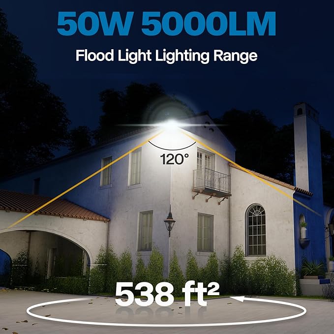 1 Pack 50W Super Bright Flood Light Outdoor, 5000LM LED Work Light with 5.9FT Plug, IP65 Waterproof 6000K Daylight White Outside LED Flood Light with 180Adjustable Bracket for Garage, Yard