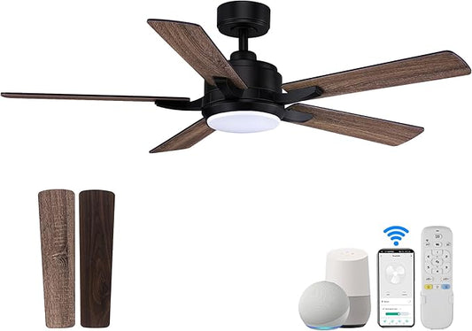 52” Smart Ceiling Fans with Lights Remote,Quiet DC Motor,Outdoor Indoor Modern Ceiling Fan,Voice Control via WIFI Alexa App,6-speed,Dimmable Ceiling Fan for Bedroom Patio,Black& Walnut Brown