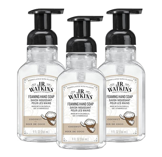 J.R. Watkins Foaming Hand Soap Pump with Dispenser, Moisturizing Hand Soap Foam, Alcohol-Free and Cruelty-Free, Use for Kitchen or Bathroom, Coconut, 9 fl oz, 3 Pack