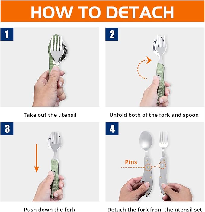 HIKENTURE Camping Utensils 2 Pack, 4-In-1 Stainless Steel Spoon Fork Knife Set Backpacking Travel Cutlery Metal Multitool Boy Scout(Green 2pack)