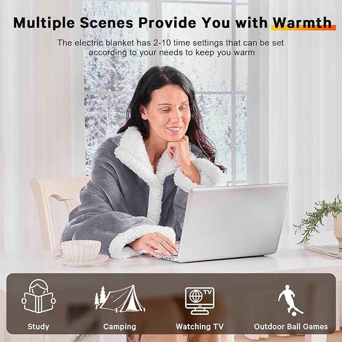 greenoak Wearable Heated Throw Blanke Electric Snuggle - Heated Robe with Foot Pocket for Adult, Winter Gifts for Mom Women 5-Position Timer 10-Heating Levels,50 * 70",Grey