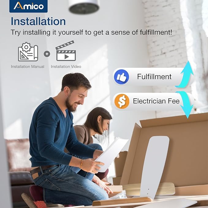 Amico Ceiling Fans with Lights, 44 inch Ceiling fan with Light and Remote Control, Reversible, 3CCT, Dimmable, Noiseless, Small White Ceiling Fan for Bedroom, Indoor/Outdoor Use